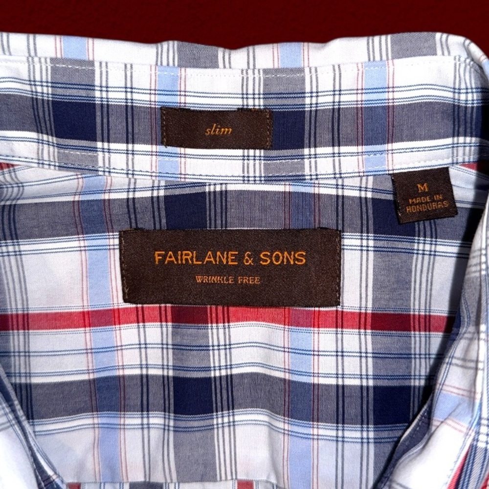 Fairlane & Sons Slim Fit Plaid Button-Down Shirt M Navy Red Wrinkle Free - Picture 7 of 12